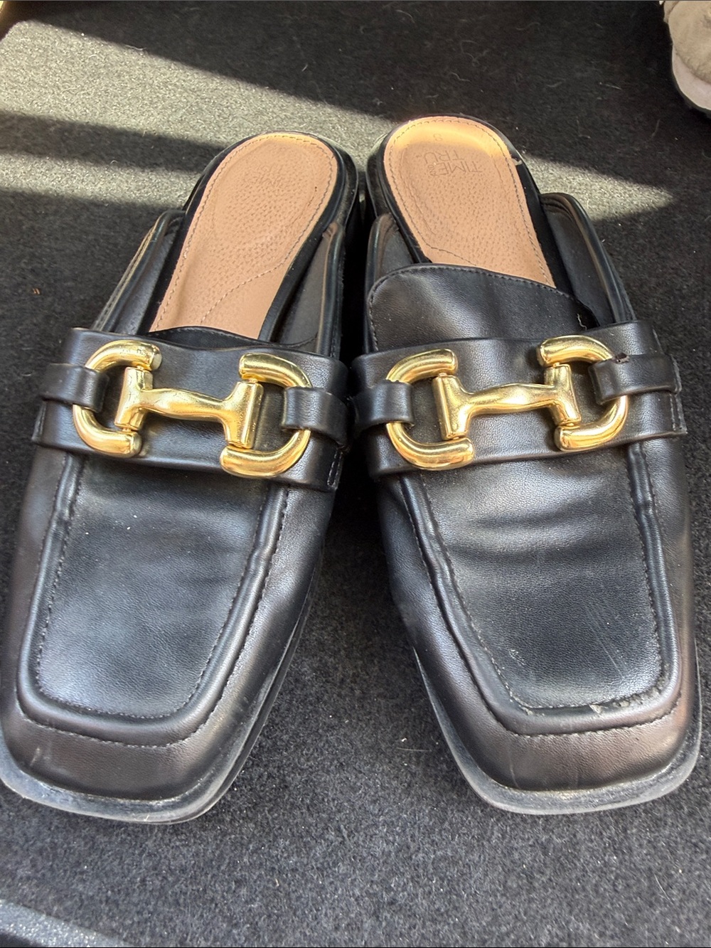 Time and Tru Black Slip-On Loafers with Gold Hardware